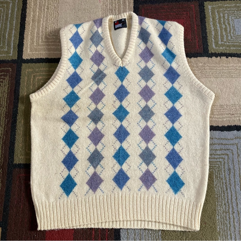 Vtg Robert Bruce Wool Polyester V-Neck Sweater Vest Contrast Diamond Checkered